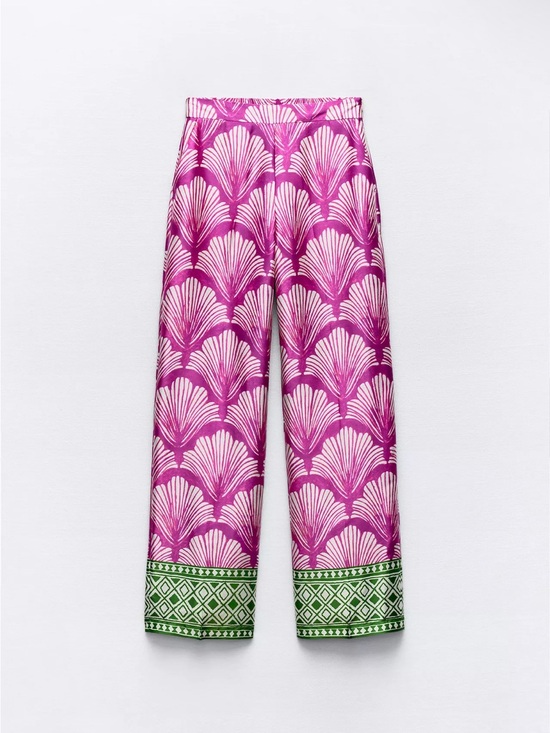Zara Pants - Zara Pink Shell-Print Wide-Leg Pants with Green Hem